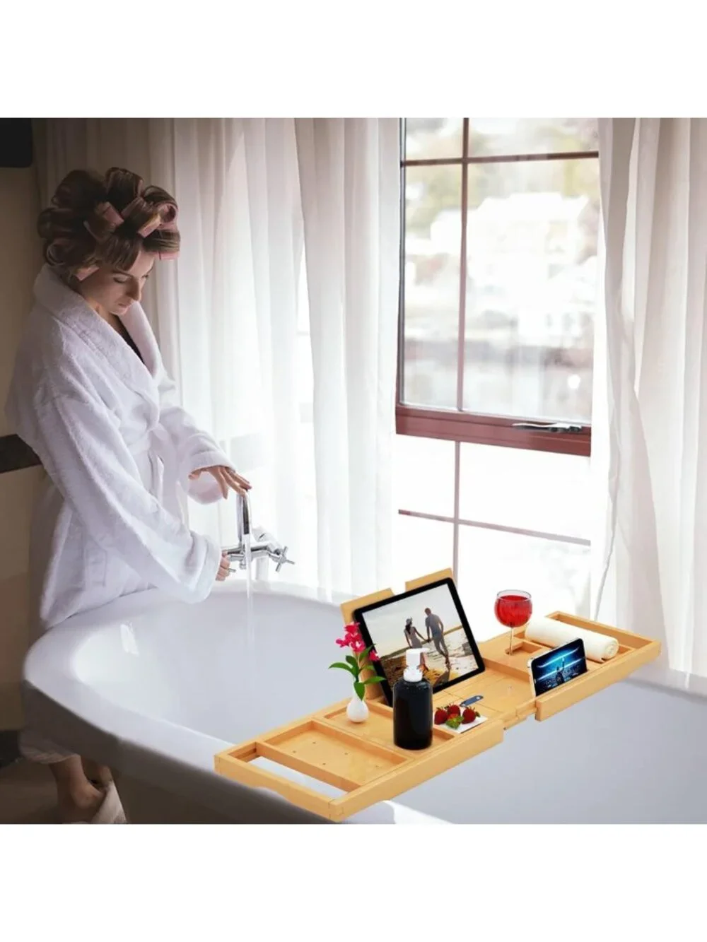 Expandable Bamboo Bathtub Tray Caddy - Fits Most Tubs, Spa Organizer & Table